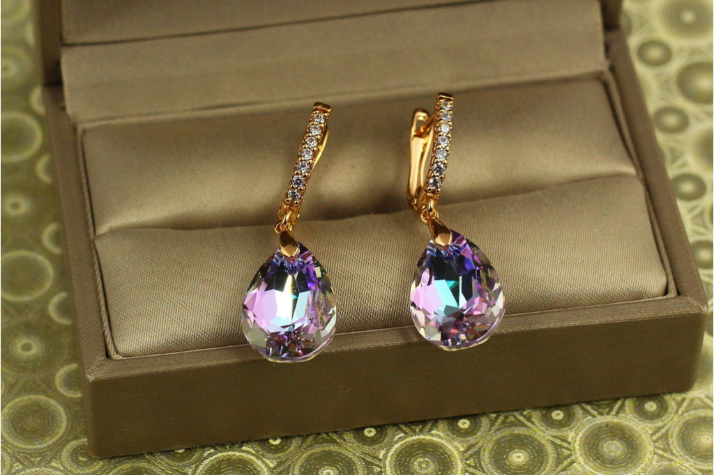 Сережки підвіски Xuping Jewelry Велика крапля із фіолетовим каменем Сваровські 3,4 см золотисті