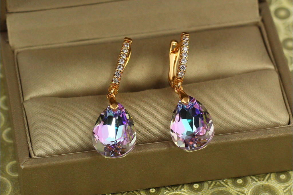 Сережки підвіски Xuping Jewelry Велика крапля із фіолетовим каменем Сваровські 3,4 см золотисті