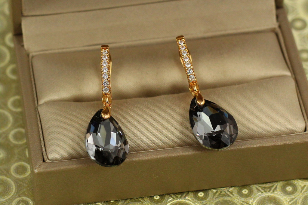 Сережки підвіски Xuping Jewelry Велика крапля із чорним каменем Сваровські 3,4 см золотисті
