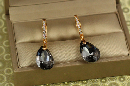 Сережки підвіски Xuping Jewelry Велика крапля із чорним каменем Сваровські 3,4 см золотисті