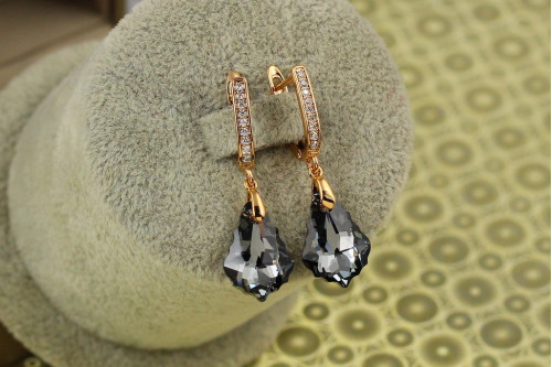 Сережки підвіски Xuping Jewelry Греза Сваровскі чорний камінь 3,5 см золотисті