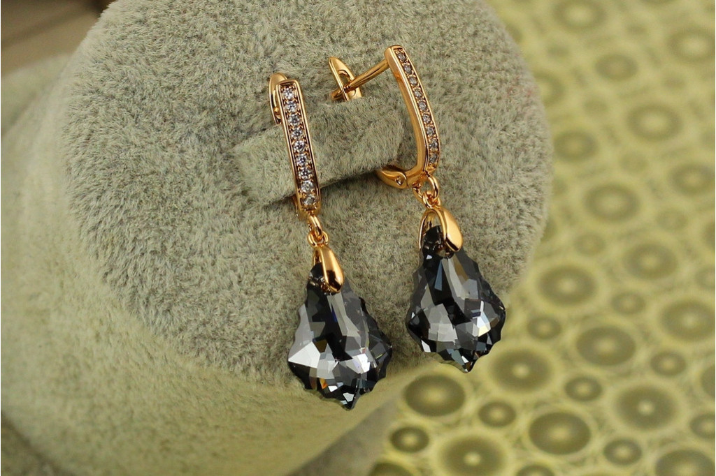 Сережки підвіски Xuping Jewelry Греза Сваровскі чорний камінь 3,5 см золотисті