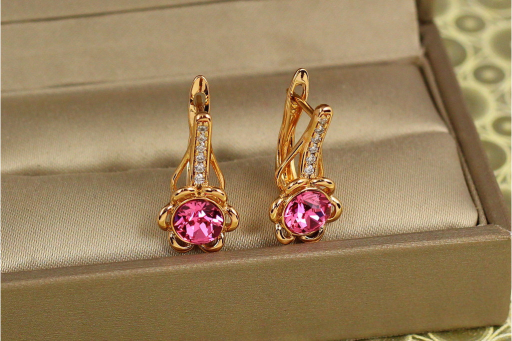 Серьги Xuping Jewelry Цветок с розовым камнем Сваровски 1,9 см золотистые