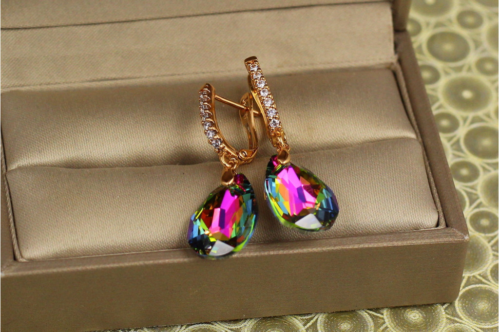 Сережки підвіски Xuping Jewelry Велика крапля із зеленим каменем Сваровські 3,4 см золотисті