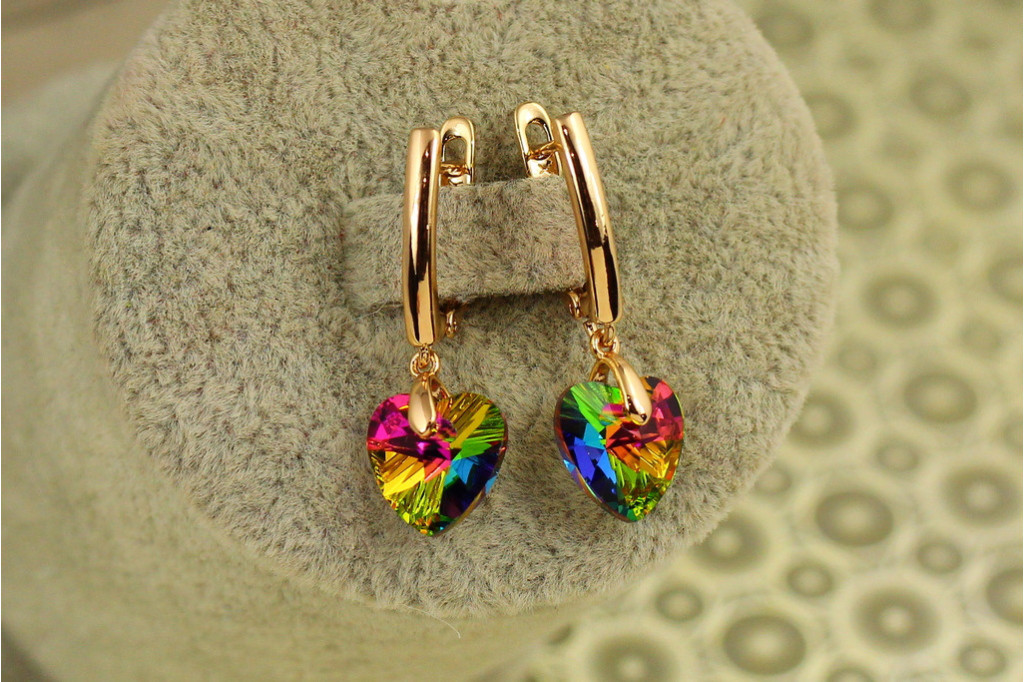Серьги подвески Xuping Jewelry Сваровские сердечки зеленые хамелеон 2,8 см золотистые