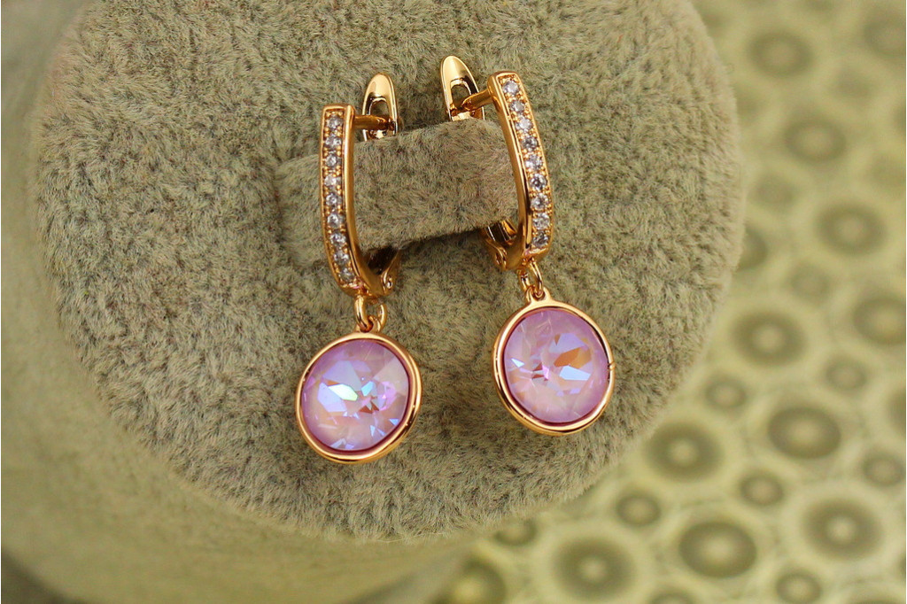 Сережки підвіски Xuping Jewelry Сваровські кружечки світло-рожеві хамелеон 2,8 см золотисті
