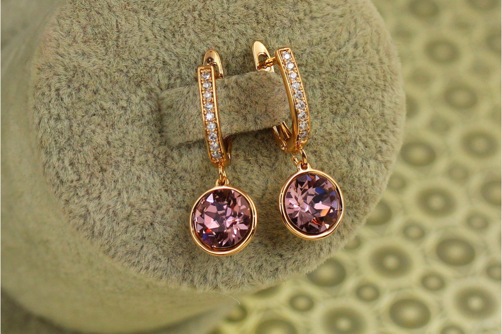 Сережки підвіски Xuping Jewelry Сваровські кружечки рожеві хамелеон 2,8 см золотисті
