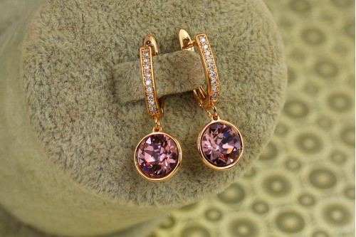 Сережки підвіски Xuping Jewelry Сваровські кружечки рожеві хамелеон 2,8 см золотисті