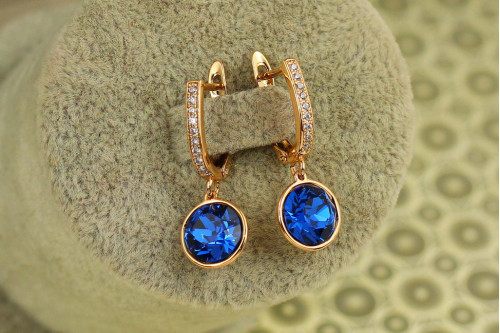 Сережки підвіски Xuping Jewelry Сваровські кружечки сині хамелеон 2,8 см золотисті