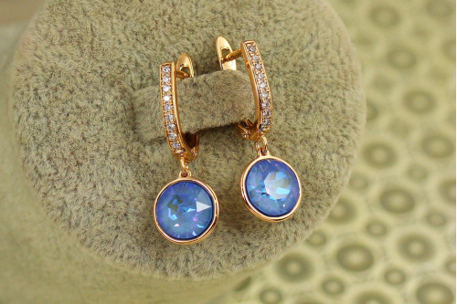 Сережки підвіски Xuping Jewelry Сваровські кружечки блакитні хамелеон 2,8 см золотисті