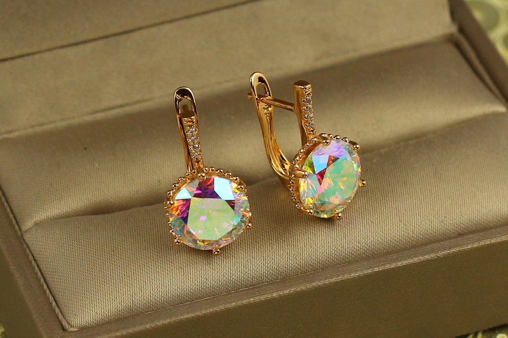 Сережки Xuping Jewelry з великим каменем хамелеон шестигранна оправа 2 см золотисті