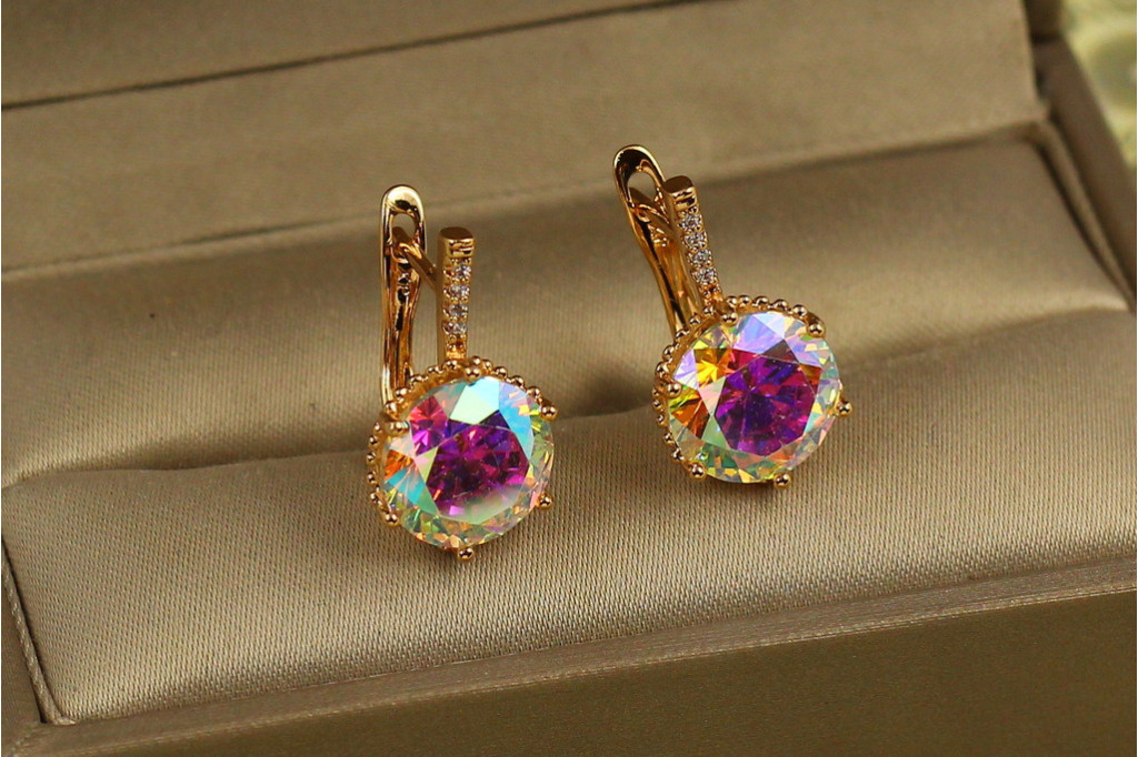 Сережки Xuping Jewelry з великим каменем хамелеон шестигранна оправа 2 см золотисті