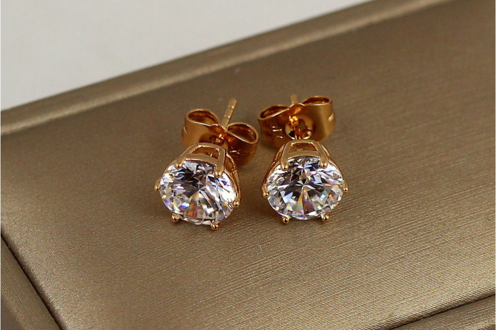 Сережки Xuping Jewelry гвоздики з білим каменем шість кріплень 8 мм золотисті
