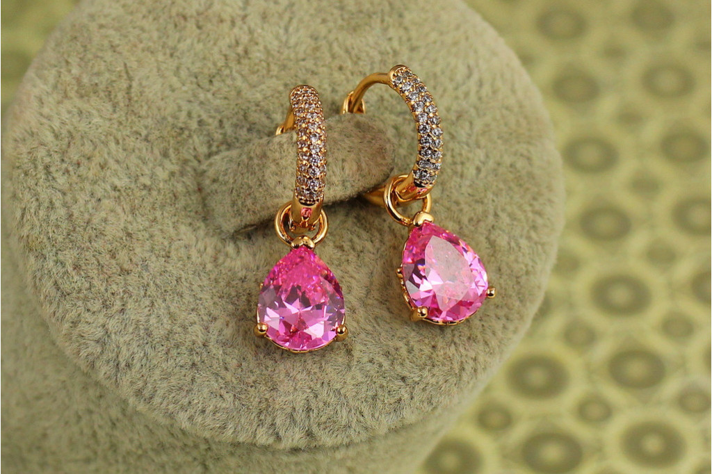 Сережки підвіски Xuping Jewelry зі зйомною рожевою краплею 2,5 см золотисті