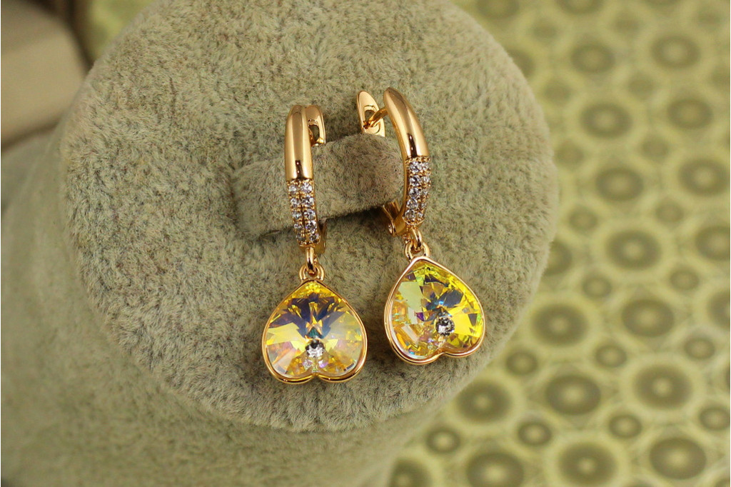 Сережки підвіски Xuping Jewelry Сваровські перевернуті сердечки жовті хамелеон 3 см золотисті