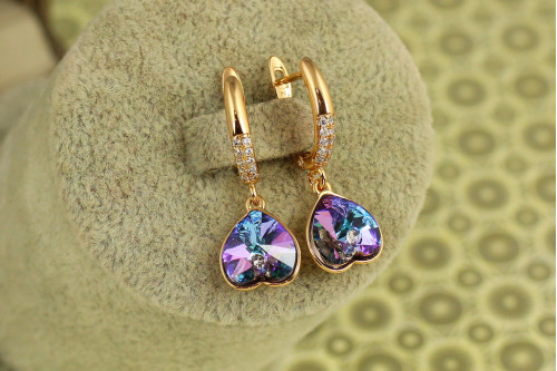 Сережки підвіски Xuping Jewelry Сваровські перевернуті сердечки фіолетові хамелеон 3 см золотисті
