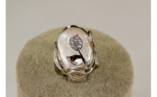 Кольцо Xuping Jewelry Листочек с натуральной барочной жемчужиной 16+ р серебристое