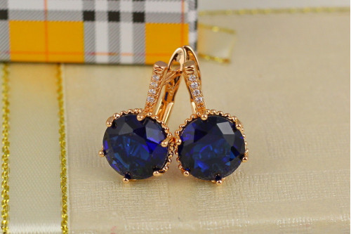 Сережки Xuping Jewelry з великим синім каменем шестигранна оправа 2 см золотисті