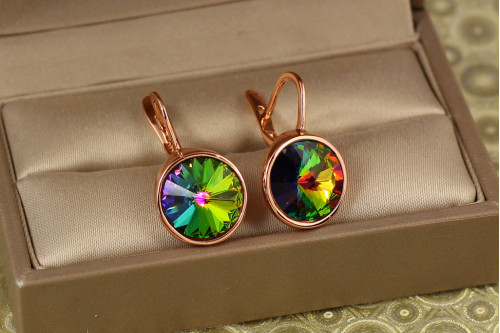 Сережки Xuping Jewelry камені Сваровскі зелені в обідку 2,5 см золотисті