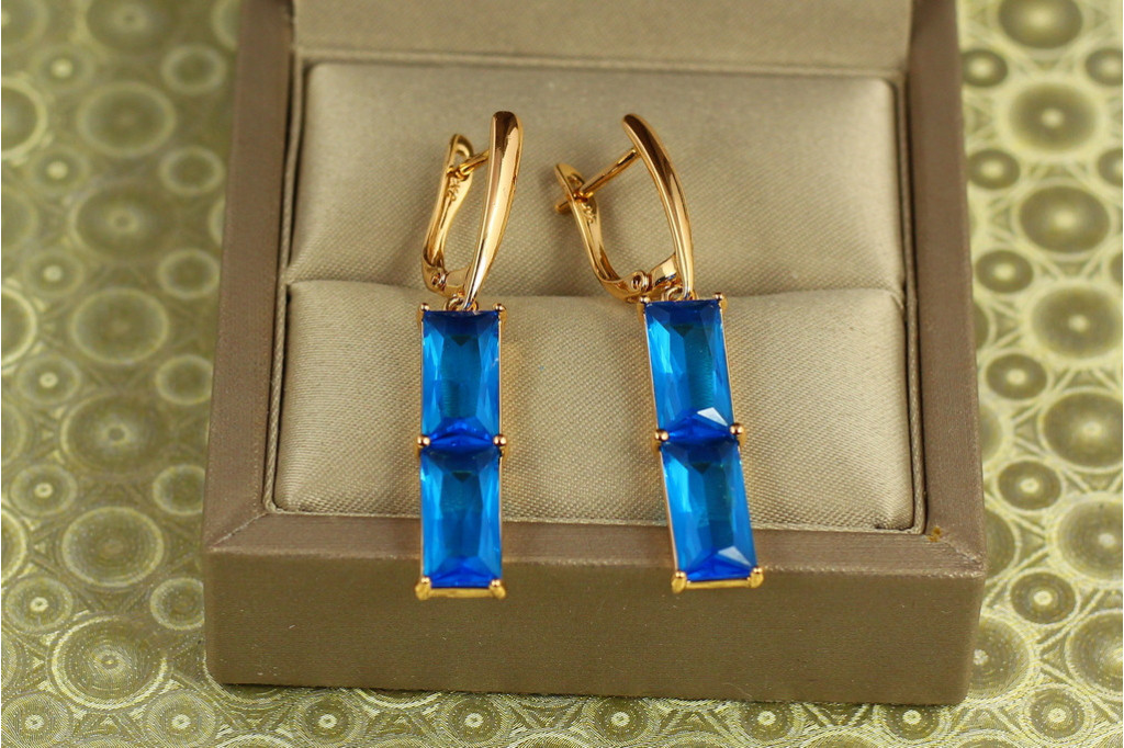Сережки Xuping Jewelry підвіски подвійний прямокутний блакитний фіаніт 4,3 см золотисті