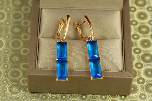 Сережки Xuping Jewelry підвіски подвійний прямокутний блакитний фіаніт 4,3 см золотисті
