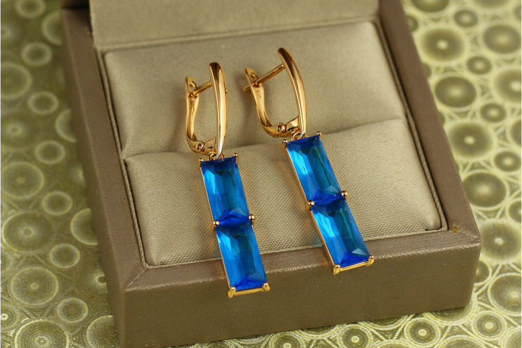 Сережки Xuping Jewelry підвіски подвійний прямокутний блакитний фіаніт 4,3 см золотисті
