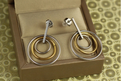 Сережки Stainless steel гвоздики Три кільця 3,5 см комбіновані
