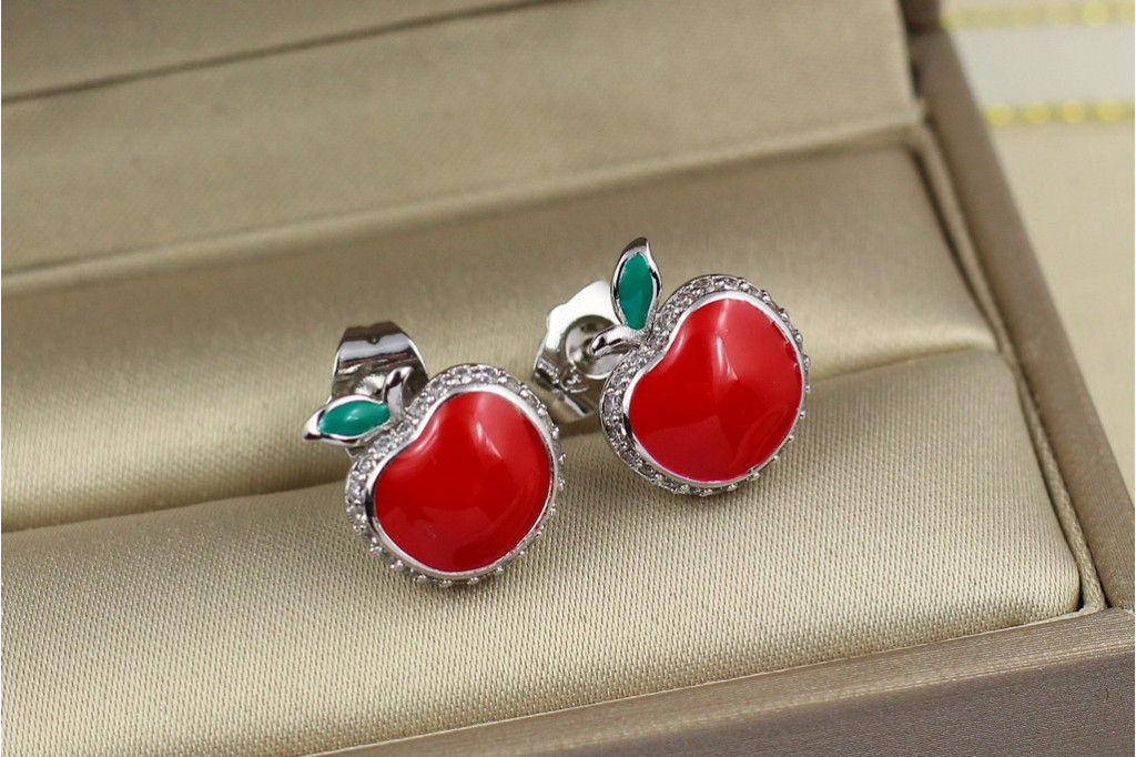 Серьги гвоздики Xuping Jewelry  красные яблочки 1,3 см серебристые