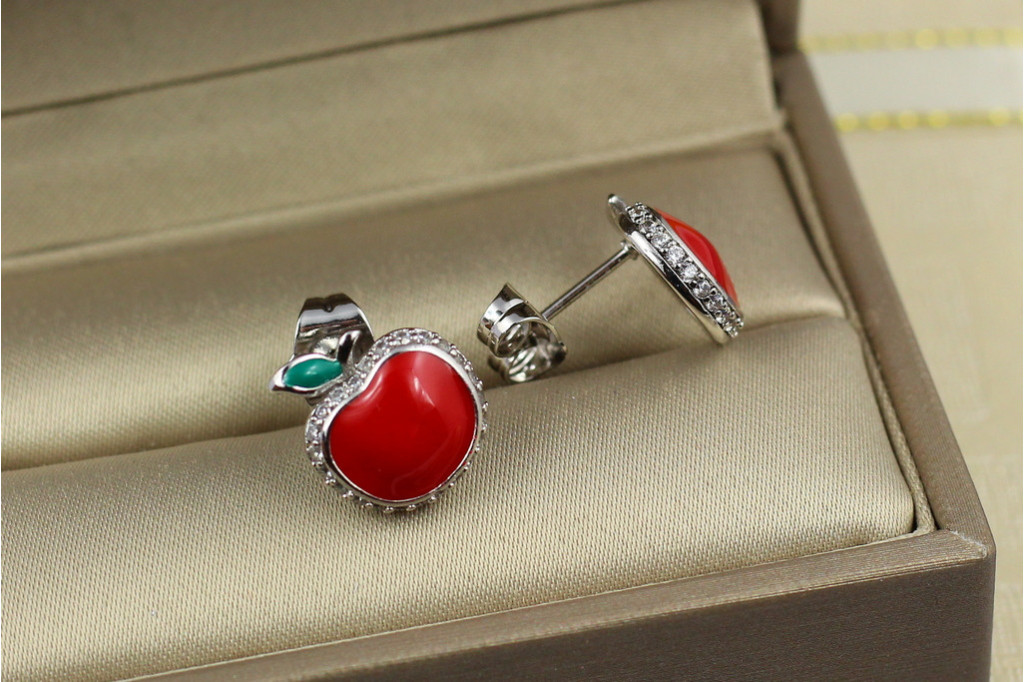 Серьги гвоздики Xuping Jewelry  красные яблочки 1,3 см серебристые