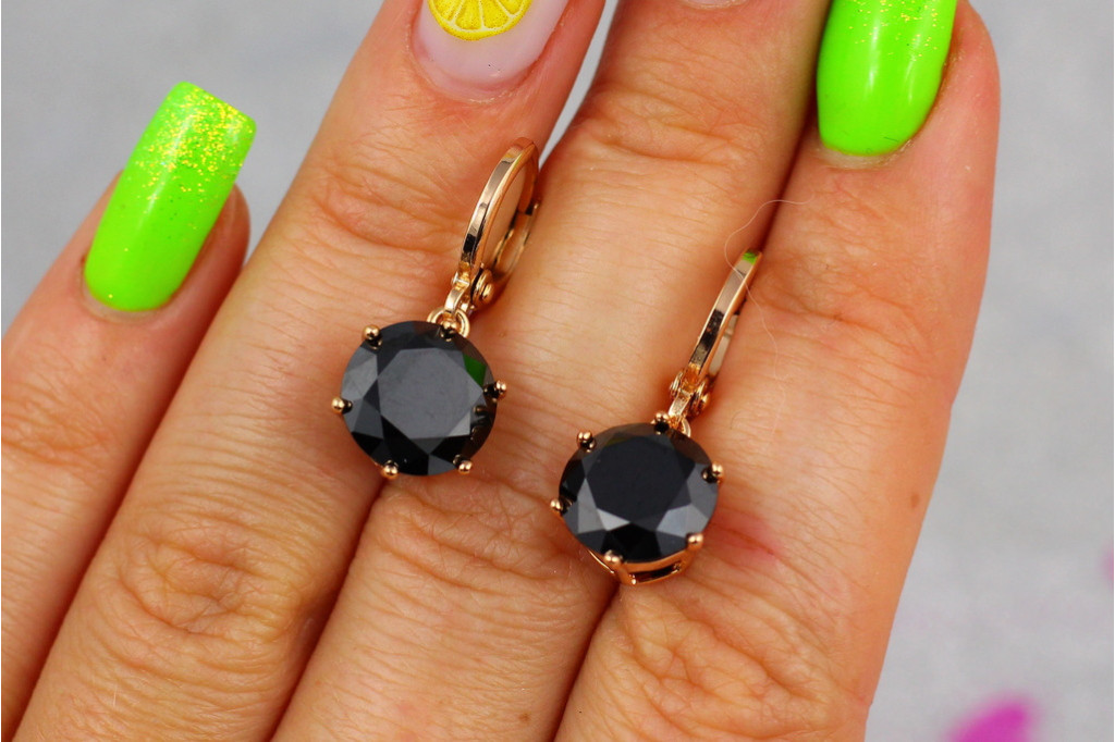 Сережки підвіски Xuping Jewelry з чорними каменями діаметр каменя 10 мм сережка 2,5 см золотисті