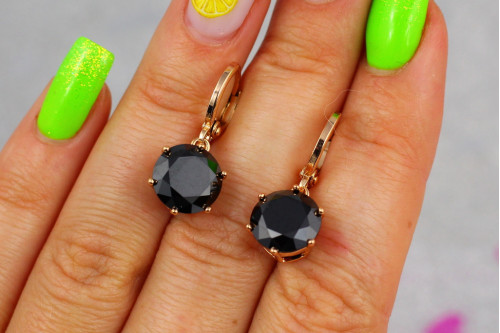 Сережки підвіски Xuping Jewelry з чорними каменями діаметр каменя 10 мм сережка 2,5 см золотисті