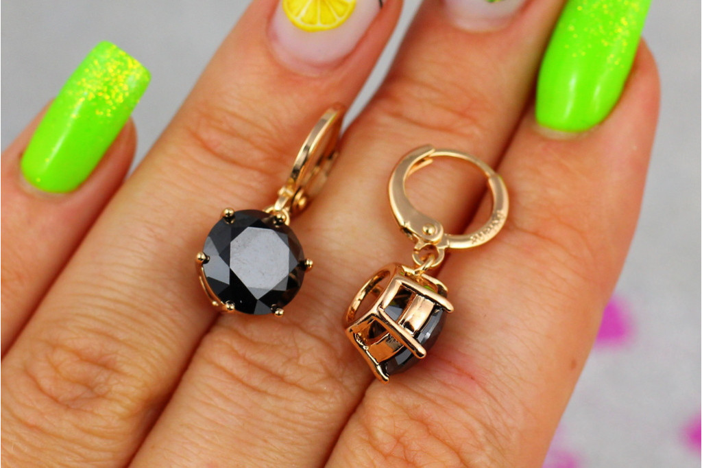 Сережки підвіски Xuping Jewelry з чорними каменями діаметр каменя 10 мм сережка 2,5 см золотисті