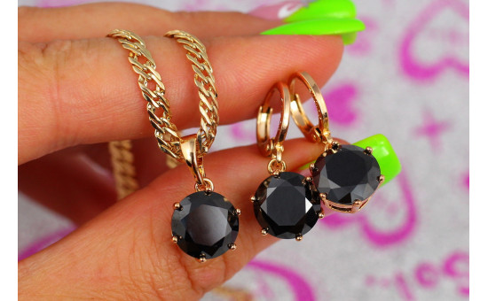 Набір Xuping Jewelry сережки та кулон з чорними каменями 10 мм без ланцюга золотистий