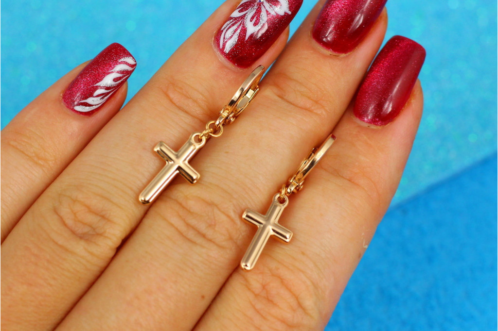 Серьги подвески Xuping Jewelry крестики с тиснением 3 см золотистые