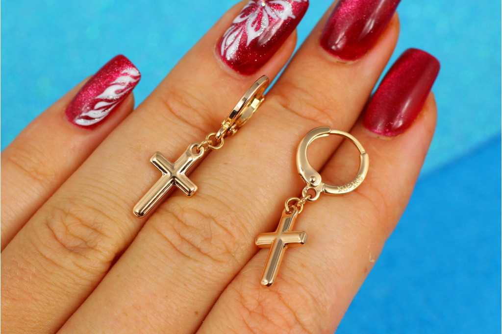 Серьги подвески Xuping Jewelry крестики с тиснением 3 см золотистые
