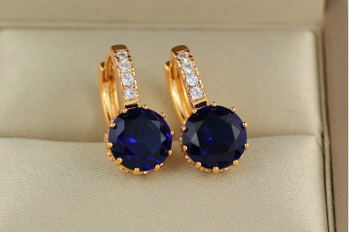 Сережки Xuping Jewelry з великим синім каменем і круглою застібкою 2 см золотисті