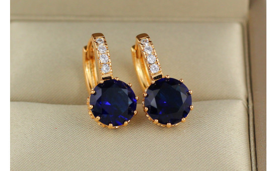 Серьги  Xuping Jewelry с большим синим камнем и круглой застежкой 2 см золотистые