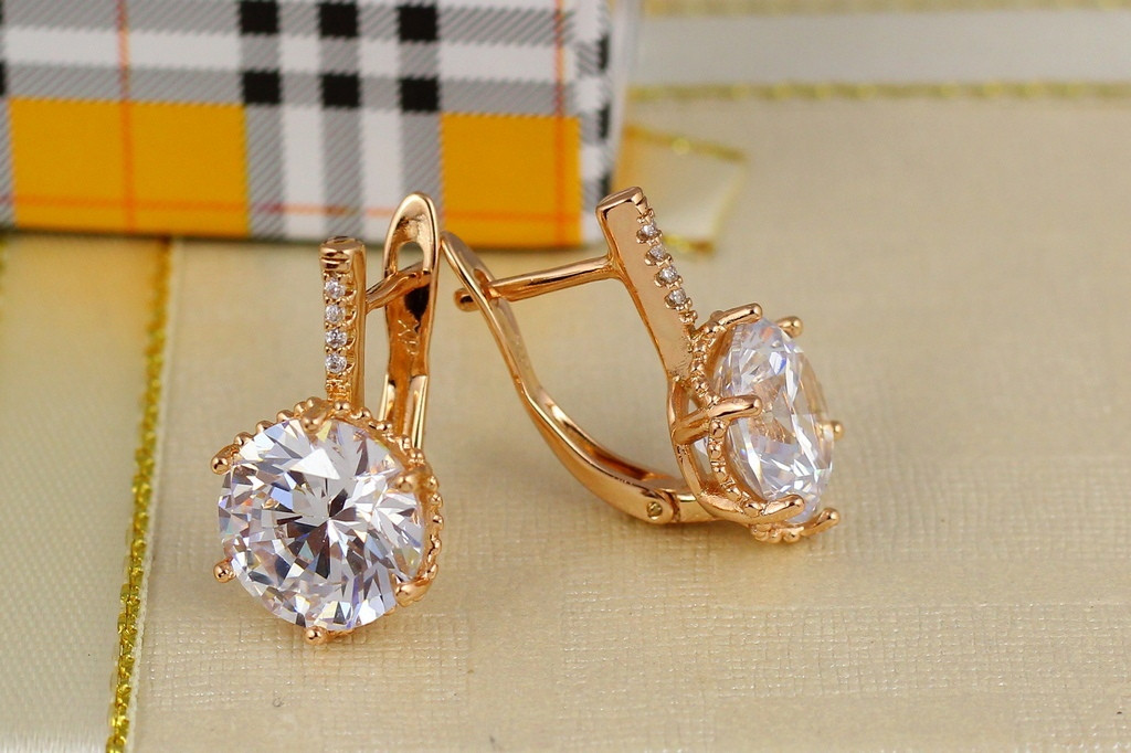 Сережки Xuping Jewelry з великим білим каменем шестигранна оправа 2 см золотисті